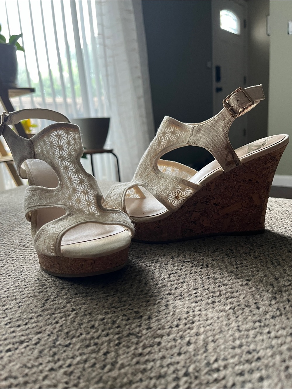 Fergalicious Cream Floral Cutout Cork Wedge Sandals